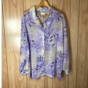 National Blue Floral Sheer Collared Long Sleeve Women Blouse 22W